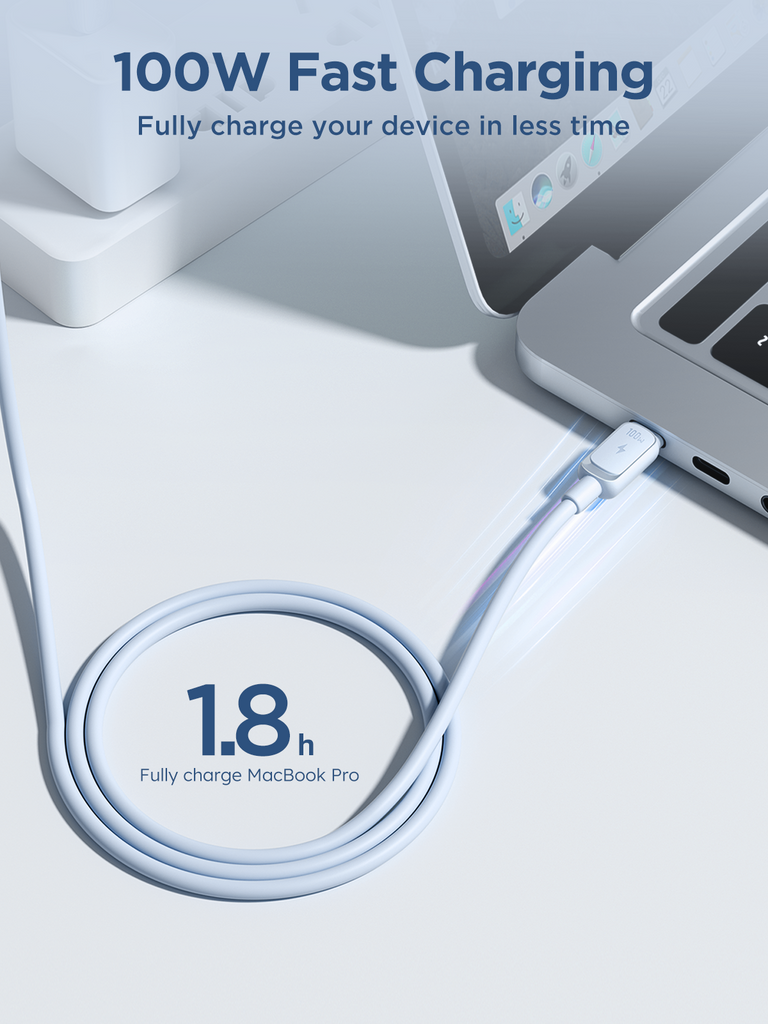 White JOYROOM 100W USB-C to USB-C cable connected to a laptop, illustrating a charging use case