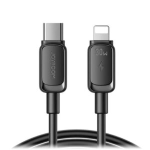 Black Joyroom S-A14 30W USB-C to Lightning cable with USB-C and Lightning connectors shown close up