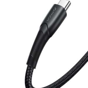 Close-up product view of the black Joyroom SA32-CC3 USB-C to USB-C cable connector and braided cable finish