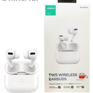 White Joyroom T03S Pro true wireless earbuds with matching charging case and red accent case detail