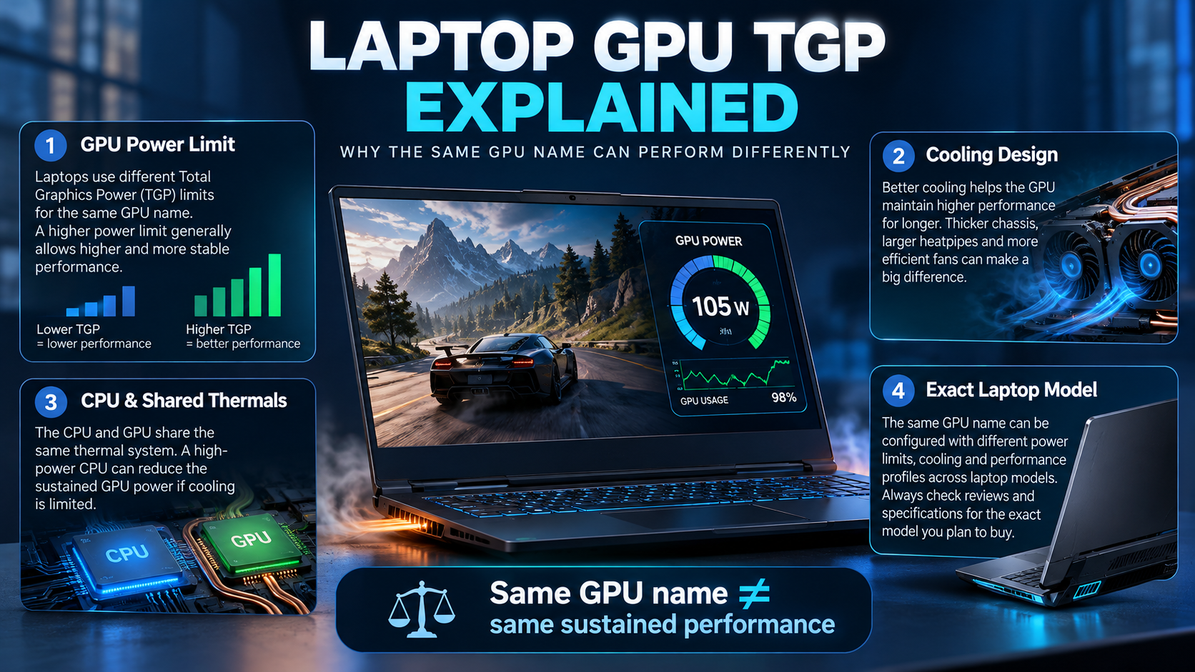 Original Alfrensia infographic explaining laptop GPU power limits, cooling design, shared CPU and GPU thermals, and differences between laptop models.