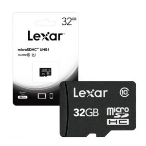 Lexar 32GB microSDHC UHS-I Class 10 memory card with retail packaging and capacity visible