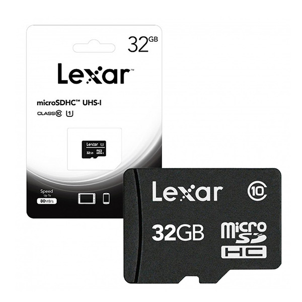 Lexar 32GB microSDHC UHS-I Class 10 memory card with retail packaging and capacity visible