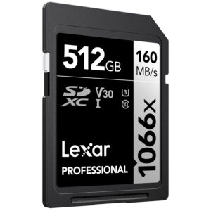 Alternate front angle of the Lexar Professional 1066x 512GB SDXC UHS-I memory card with 160MB/s read speed
