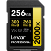 Lexar Professional 2000x 256GB SDXC UHS-II V90 memory card with 300MB/s read and 260MB/s write markings
