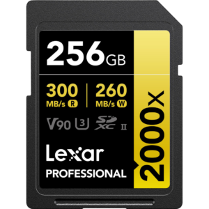 Lexar Professional 2000x 256GB SDXC UHS-II V90 memory card with 300MB/s read and 260MB/s write markings