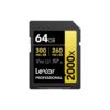 Lexar Professional 2000X 64GB SDHC UHS-II memory card with V90 rating and 300MB/s read-speed marking