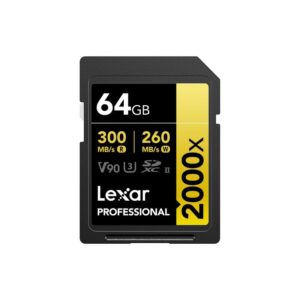 Lexar Professional 2000X 64GB SDHC UHS-II memory card with V90 rating and 300MB/s read-speed marking
