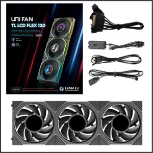 Black LIAN LI UNI FAN TL LCD FLEX 120mm triple pack, model 12TLLCD1F3B; L-Wireless Controller not included