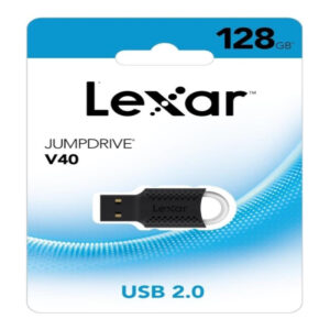 Lexar JumpDrive V40 128GB USB 2.0 flash drive in its blue and white retail blister package