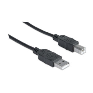 Close view of the USB-A male and USB-B male connectors on the Manhattan 3m USB 2.0 device cable