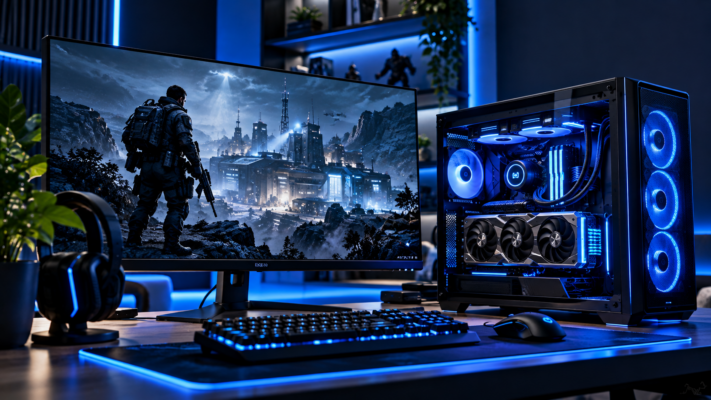 Illustrative blue-lit gaming PC and monitor setup for a PC performance and requirements guide
