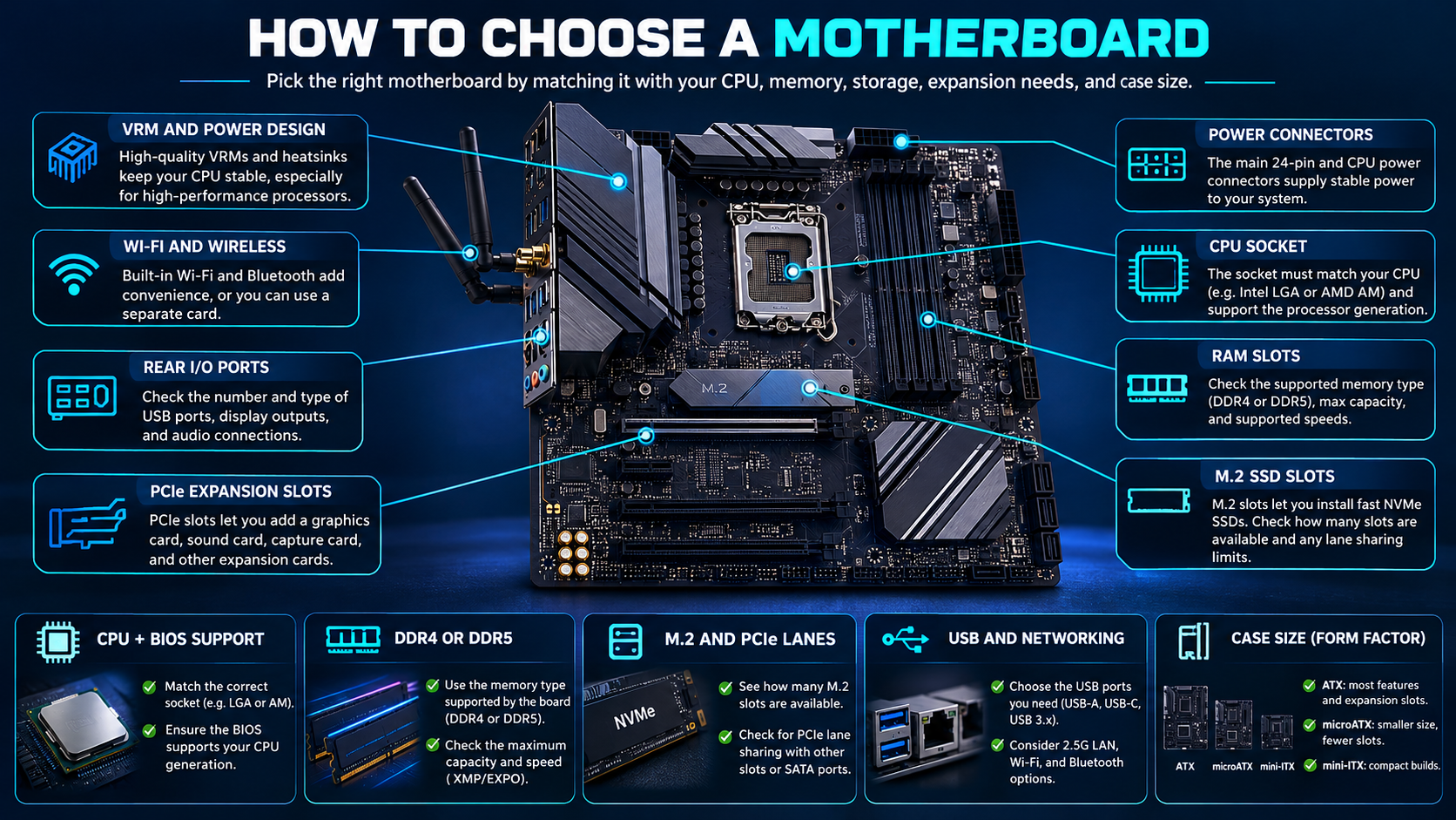 Original Alfrensia infographic showing motherboard buying factors including CPU and BIOS support, RAM generation, M.2, PCIe, connectivity and form factor.