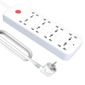 White generic power strip with eight AC outlets; source image is a visual reference and exact cable length and socket standard are not confirmed