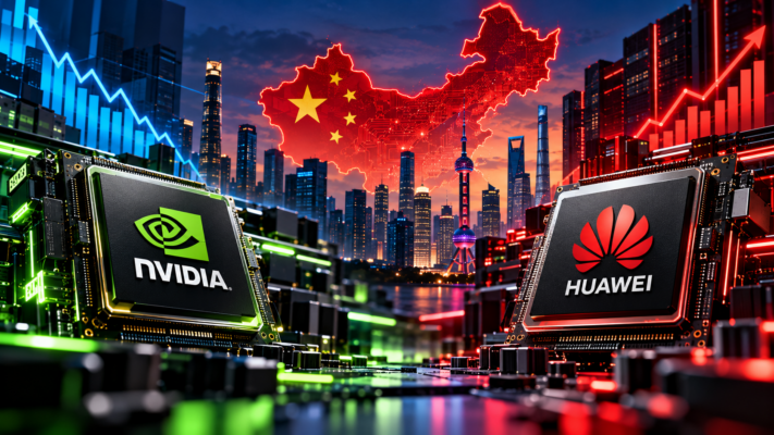 Editorial illustration contrasting NVIDIA and Huawei AI accelerators against a China skyline and data-center infrastructure; conceptual market-trend graphics, not actual market data.