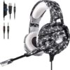 Onikuma K5 wired gaming headset in gray camouflage with boom microphone.