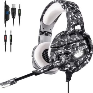 Onikuma K5 wired gaming headset in gray camouflage with boom microphone.