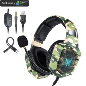 Onikuma K8 wired gaming headset in green camouflage.