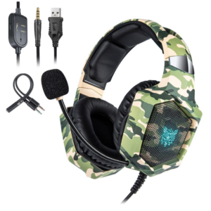 Onikuma K8 green camouflage headset showing the wired connectors and inline controls.