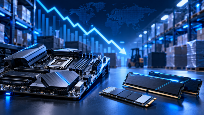 High-resolution editorial illustration of a PC motherboard, RAM and SSD with a global logistics backdrop and a downward market trend
