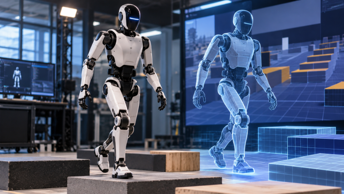Illustration of a physical robot alongside its blue digital twin in a robotics simulation lab