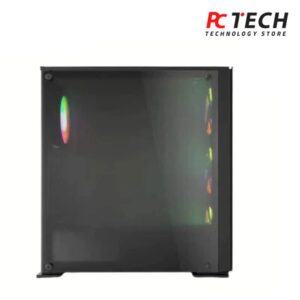 Redragon G651 black gaming case with 600W power supply viewed from the tempered-glass side panel, RGB fan lighting visible inside