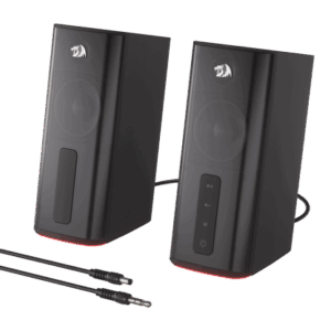 Redragon GS814 Connie stereo desktop speakers with RGB lighting and front controls.