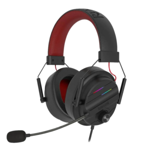 Redragon H380 Chiron RGB wired gaming headset from a three-quarter angle, showing black and red earcups and boom microphone