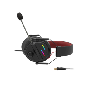 Redragon H380 Chiron RGB headset side view showing boom microphone, earcup controls and USB cable