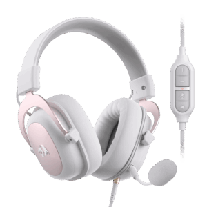 Rear angled view of the Redragon H510 Zeus White and Pink wired headset showing padded ear cups, detachable boom microphone and inline volume controls