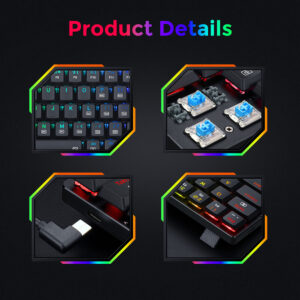 Redragon K626P Ashe compact black keyboard product-detail graphic showing RGB keys, blue mechanical switches and USB-C connection