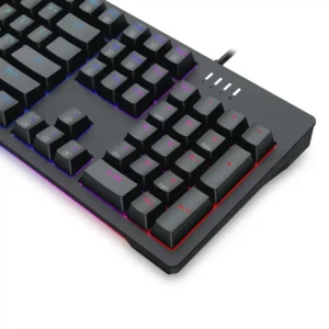 Close view of Redragon K679 RGB mechanical keyboard with blue switches and illuminated keys
