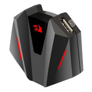 Side angle of the Redragon GA250 Vulcan adapter showing its USB connection port and angular black housing
