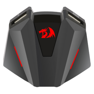 Top view of the black Redragon GA250 Vulcan keyboard and mouse adapter with red dragon logo and red accent lighting