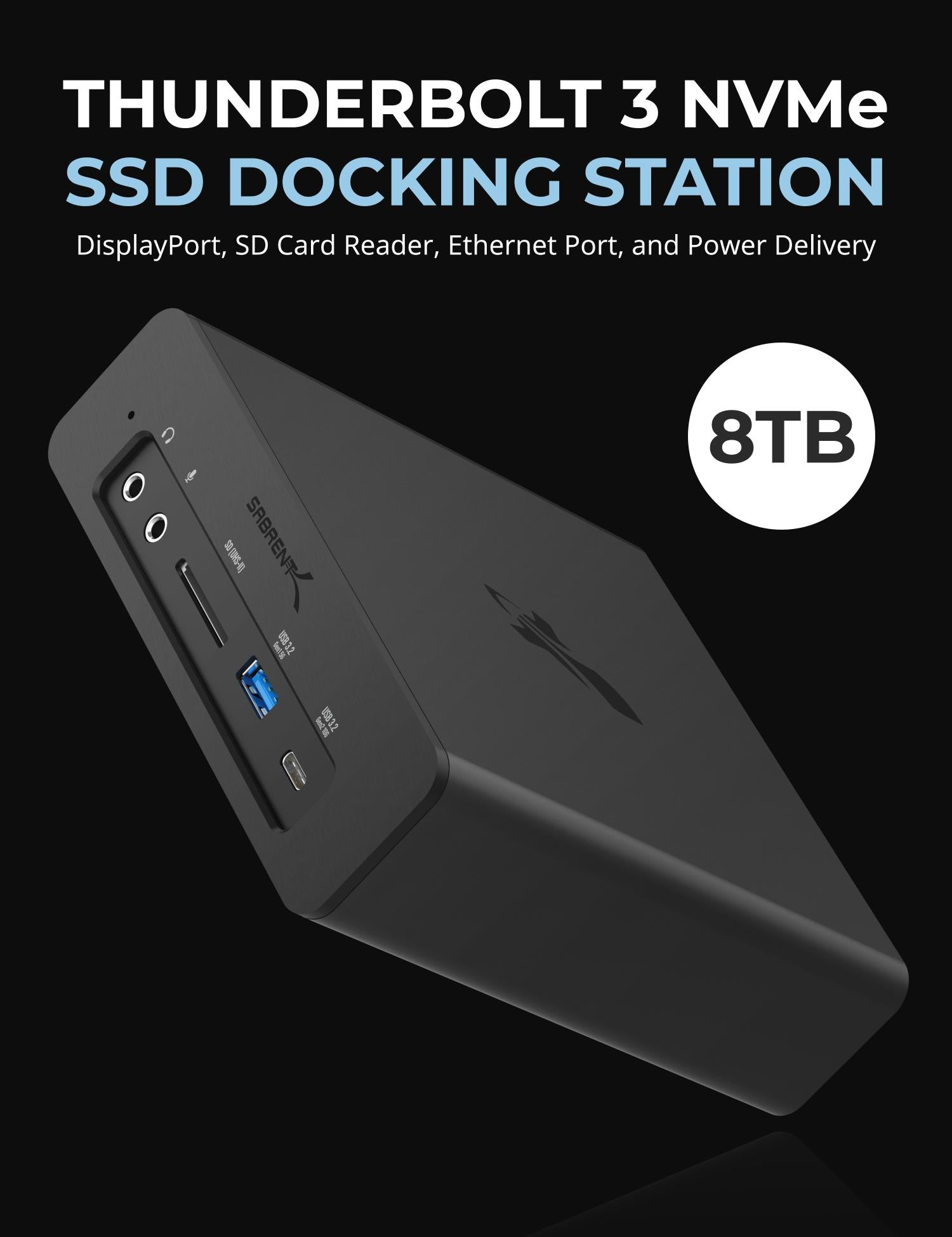 Sabrent DS-SKRT-D8TB Thunderbolt 3 NVMe docking station with integrated 8TB SSD, clean product view