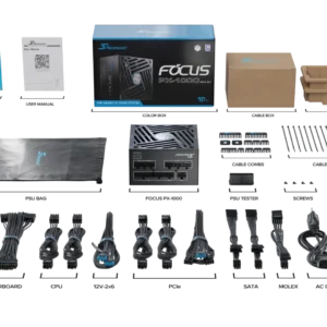 Seasonic FOCUS PX-1000 Black ATX 3.1 v5 PSU package and modular cable set