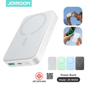 White Joyroom JR-W020 10000mAh magnetic wireless power bank with USB-A and USB-C ports