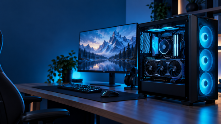 Gaming PC with blue lighting on a desk, illustrating three PC build options for different budgets