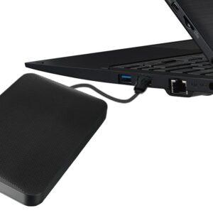 Toshiba Canvio Ready portable external hard drive connected to a laptop by USB