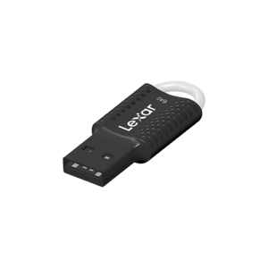 Black Lexar JumpDrive V40 USB 2.0 flash drive with textured body and integrated keychain loop, 128GB model
