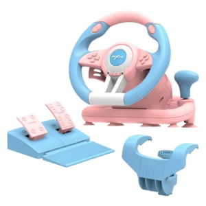 PXN V3 Pro racing wheel in blue and pink with matching pedal set and base
