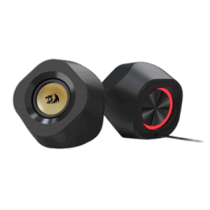 Redragon GS590 speaker pair showing one rear RGB light ring and one front driver