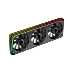 Angled view of the black Xigmatek AERO DGT 360 Reverse fan assembly showing the Infinity LED frame