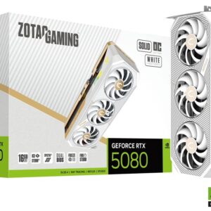 ZOTAC GAMING GeForce RTX 5080 SOLID OC White Edition 16GB GDDR7 graphics card and packaging